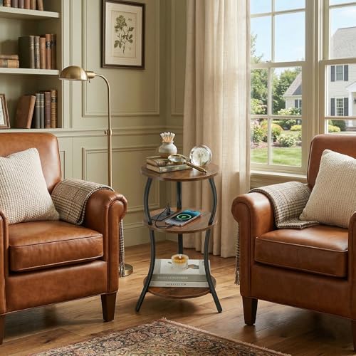 Small Round Side Table with Charging Station, 3-Tier Waist Circular End Table with Storage Shelf, Compact Tea Sofa Side Table Small Spaces, Round Corner Coffee Table for Living Room Bedroon,Brown - color: Rustic Brown, style: USB Charger