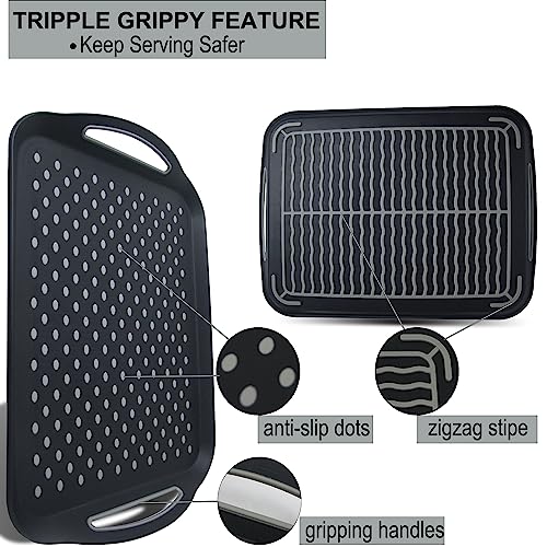 Large Nonslip Serving Tray with Handles, Silicone Grippy Dots Lap Food Trays for Eating, Dishwasher Safe Serve for Breakfast Dinner Snack Fruit Appetizers Beverage, Rectangular, Set of 2, Black - color: Black