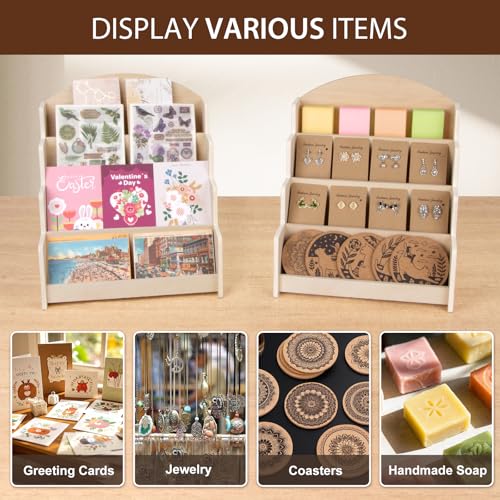 PUERSI Greeting Card Display Stand, Wooden 4-Tier Postcard Display Stand Holder for Sticker, Vendors, Retail Stores, Beige - color: Beige