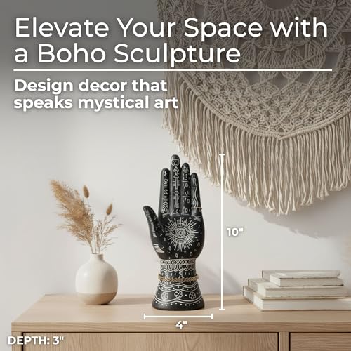 Resin Tattoo Hand Figurine for Home and Office Decor - Artistic Symbols Accent Display for Bathroom, Living Room, and Shelf - Graphic Sculpture Ornament for Coffee Table Decor - 10", Black & White - color: Black