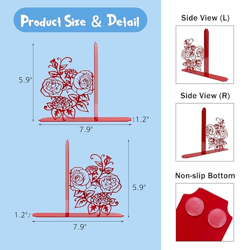 Cute Bookends, Unique Decorative Book Ends with Rose Design - Ideal Gift for Book Lovers, Fit for Library, Study, and Bookshelf Display (Red)