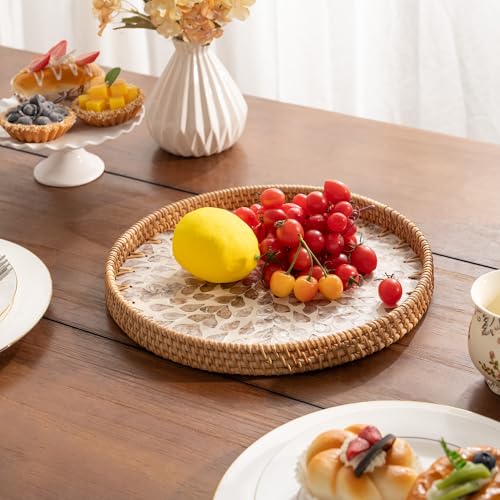 StorageWorks Decorative Coffee Table Trays for Home Decor, Round Rattan Tray with Mother of Pearl Inlay, Small Wicker Woven Serving Tray Decor for Kitchen Counter, Living Room and Ottoman, Yellow - color: Yellow Petal, size: 11.8"