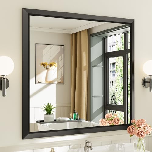 Briivue 40x38 Inch Black Bathroom Mirror for Wall, Thick Metal Framed Rectangle Mirrors for Over Sink, Bedroom, Living Room, Entryway, Anti-Rust, HD Tempered Glass - color: Black, size: 40"L x 38"W