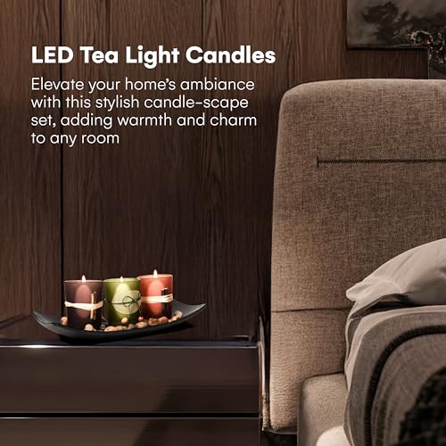 Dawhud Direct Decorative Votive Candle Holders, Vintage Decor Flameless Candlescape Set, 3 LED Tea Light Candles, Rocks and Tray - Fall Table Decor (Earth Tones) (Pack of 2) - size: Natural Earth Tone (Pack of 2)