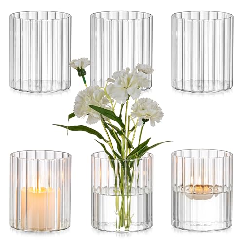 Glasseam Glass Cylinder Vases for Centerpieces: Clear Ribbed Flower Vases for Pillar Candle - 6Pcs Modern Hurricane Floating Candle Holder for Table Wedding Centerpieces Living Room Decorations