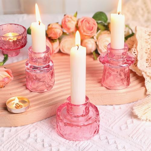 HAVITI 6 PCS Candlestick Holders, Pink Taper Candle Holders, Tealight Candle Holder Glass for Galentines Valentines Wedding Centerpieces Dinner Party Baby Shower Table Decor - color: Pink