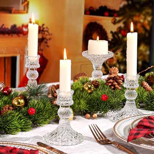 Glass Candle Holder Set of 6, Clear Candlestick Holder & Vintage Candlestick Holder, Taper Candle Holder for Table Centerpieces, Fall, Christmas, Autumn, Thanksgiving Decor - color: Clear, size: Crystal