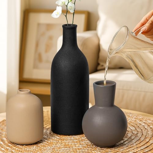 Ceramic Vase, Flower Vases Set of 3 Living Room Decor, Farmhouse Decor, Decorative Vase for Home Coffee Table, Book Shelf, Kitchen, Bedroom Centerpiece Table Decorations - color: Black