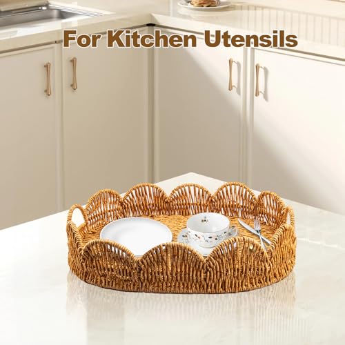 Elliptical Rattan Scalloped Tray, Woven Basket Tray with Bulit-in Handles Scalloped Edges Serving Tray for Coffee Table Living Room Home Decor 14.2" L x 10.9" W x 3.4" H