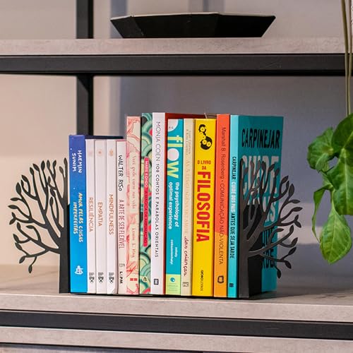 Tree Bookends with Autumn Leaves - Steel with Matte Black Epoxy Coating - Decorative Pair of Book Holders for Shelves, Desk, and Office - Black with Colorful Accents – Geguton - color: Trees Theme - Colorful