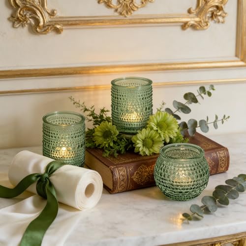 Rubtlamp 24Pack Green Votive & Tea Light Candle Holders with Dot Design, Glass Candle Holder for Table Centerpiece, Wedding, Baby Shower, Home Decorations - color: Green
