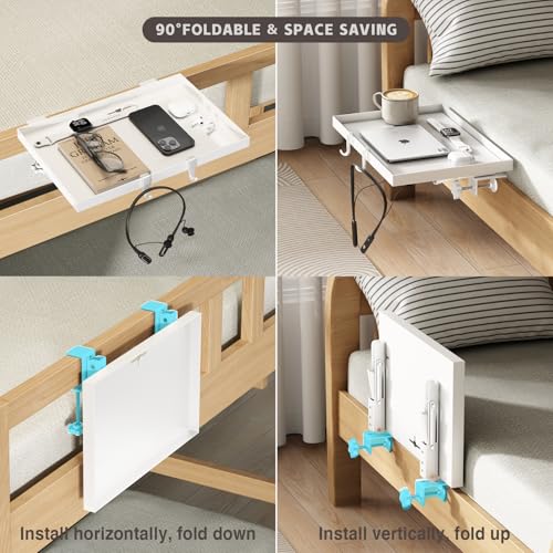 Magheo Bedside Shelf Foldable, Metal Clip-On Bunk Bed Table Shelf for Top Bunk Heavy Duty Bed Side Table Tray for College Dorm Room Essentials, Loft Nightstand Organizer Tray with 1 Cord Hole(White) - color: White, size: 12.6" x 9.28" x 0.79"