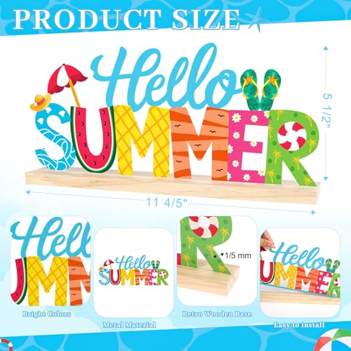COCHIE Metal Hello Summer Sign, Summer Decorations for Home, Office, Shelf, Mantel, Indoor, Beach Slippers Tabletop Centerpiece Decoration, Watermelon Red Decor (Beach) - style: Beach