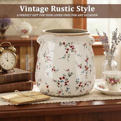Ceramic Scroll Planter 6.5 Inch Chinoiserie Floral Vase with Drainage Holes Vintage Flower Vase Flower Pot Rustic Ceramic Pots for Indoor Plants Garden Home Bookshelf Decor(Milky) - style: Milky