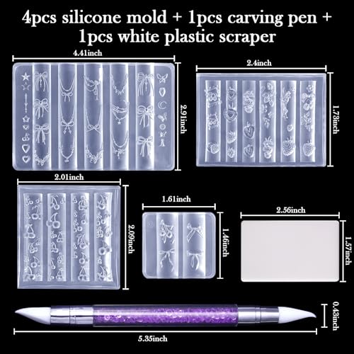 Laza 4pcs Silicone Nail Art Molds, Acrylic 3D Strawberry Bowknot Cherry Nail Charms Molds Clear Modeling Templates Fruit Pattern Nail Tools with Sculpture Pen for Salon Nail Design Resin Epoxy DIY - color: Cherry strawberry