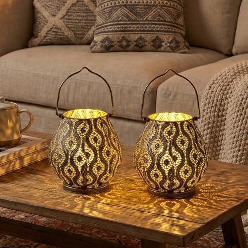 TRIROCKS Set of 2 Moroccan Decorative Lamps 8'' High Cordless Lamp Metal Table Lamps with Fairy Lights Bulb for Home Living Room Garden Yard Party Events Tabletop Indoor Outdoor(Black) - color: Black
