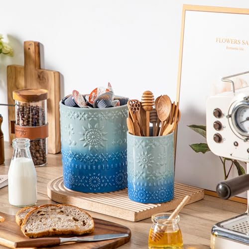 LOVECASA Utensil Holder, 7.2"+5.4" Ceramic Utensil Holder for Countertop, Large Cooking Utensil Crocks for Kitchen Counter, Farmhouse Utensil Vase for Housewarming, Kitchen Decor, Set of 2, Oceans - color: Oceans, size: 7.2"+5.4" (Set of 2)