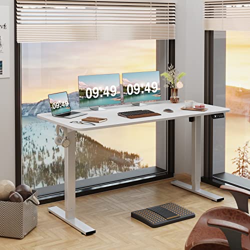Furmax Electric Height Adjustable Standing Desk Large 55 x 24 Inches Sit Stand up Desk Home Office Computer Desk Memory Preset with T-Shaped Metal Bracket, White - color: White, size: 55 Inch