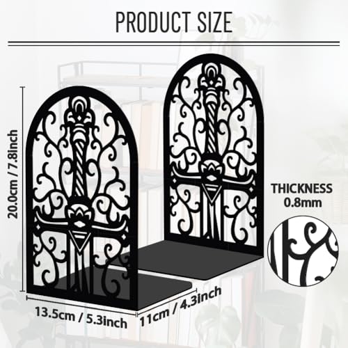 WADORN 1 Pair Magic Sword Metal Decorative Bookend for Shelves, Heavy Duty Book Ends Modern Non-Skid Books Holder Stand Black Book Support Stoppers for Desk Bookshelf Office Home, 5.3x4.3x7.8 Inch