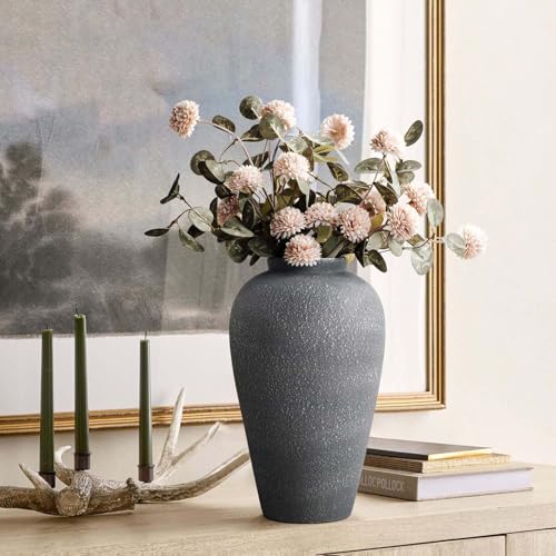Black Ceramic Vase 9.2 inch, Large Farmhouse Table Vases, Tall Rustic Decorative Vases for Home Decor, Living Room Coffee Dining Shelf Mantel Decoration, Gray Black - color: Farmhouse Black-9.2"