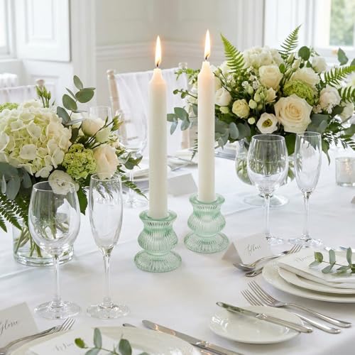 Green Glass Candle Holders 12 Pcs, Ribbed Taper Candle Holders Bulk, Vintage Candlestick Holders for Sage Green Wedding Centerpieces, Christmas Table Decor, Party & Easter Home Decor - color: Green&clear