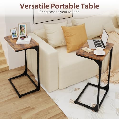 C Shaped End Table, TV Tray Side Table for Couch, Couch Tables that Slide Under C Table Side Table for Small Spaces Living Room Bedroom Bedside Home Office, Brown - color: Brown, size: 1