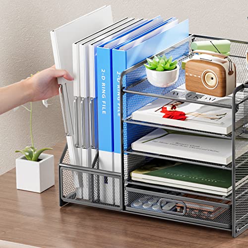 Marbrasse 5-Tier Paper Letter Tray Organizer with Drawer and Pen Holder, Mesh Desktop Organizer and Storage with Magazine Holder for Office Supplies (Grey) - color: Gray