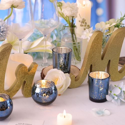 DEVI 12PCS Assorted Blue Votive Candle Holders, Mercury Tealight Candle Holder Glass, Wedding Table Decorations for Home Party, Navy Blue Birthday Graduation Rehearsal Party Dinner Decorations - color: Blue