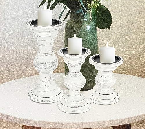 Candle Stands Wooden for Pillar Candles,Rounded Turned Colums, Sustainable Woods, Country Style, Ideal for Reiki, Aromatherapy, Votive Candle Gardens Home décor - 10,8,6 Inch Set of 3 - Antique White - color: Antique White, size: 10,8,6 Inch Mid Rib