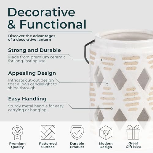 Ceramic Lantern Candle Holder with Diamond Cut Out Design - Casual Pillar Candlestick Holder for Indoor and Outdoor Decor - Stylish Centerpieces for Table or Entryway Accent - 6", Ivory & Tan