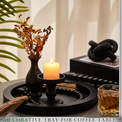 3 Pcs Coffee Table Decor Include 12in Black Wooden Serving Tray, Wood Boho Knot Chain and Wood Bead Garland with Tassels for Coffee Table Housewarming Gift Dining Room Entryway Living Room Farmhouse