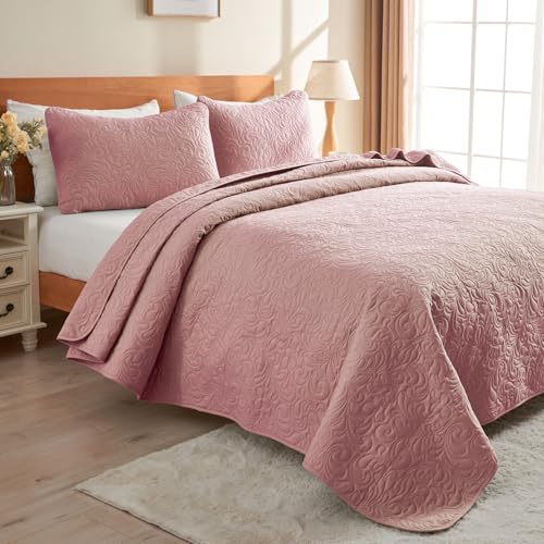 JYHOPE Baby Pink Twin Quilt Set 68x90 Lightweight Microfabric Bedspread, 3-Piece Quilt Bedding with Pillow Shams, Summer Cooling Quilts, Ribbon Wrapped Gift - color: Flower Pattern-pink, size: Twin(68x90)