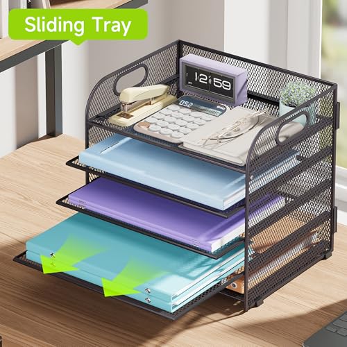 Cawukege 5 Tier Paper Organizer with Handle, Grey Metal Mesh Desk Organizer File Folder Paper Letter Tray Desktop Document Sorter for Classroom, School, Office Accessories Organization and Storage - color: Gray