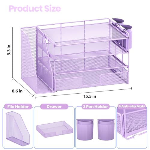 OPNICE Desk Organizer, 4-Tier Desktop File Organizer with Drawer and 2 Pen Holders, Office Desk Accessories, File Sorters, Workspace Organizers for Office Supplies(Purple) - color: Purple, size: 4-Tier