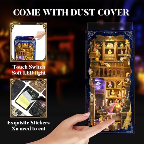 DIY Book Nook Kit for Adults, 3D Wooden Puzzle Bookshelf Insert Decor with LED Light & Stickers, Dust Cover,Miniature House Craft Gifts for Family,Friends and Book Lovers（Magic Potion House） - style: Magic Potion House