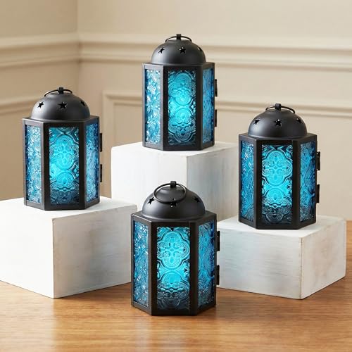 VELA LANTERNS Mini Moroccan Tea Light Candle Holder Lanterns – 4.25" Small Decorative Lantern for Table or Hanging, Metal with Glass Panels – Ramadan, Wedding, Home Decor, Aqua Blue (Set of 4) - color: Aqua Blue