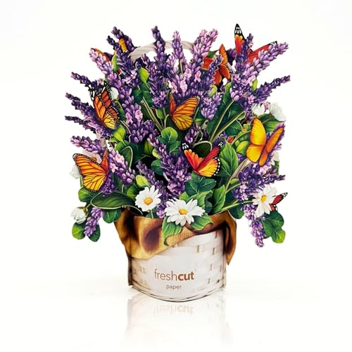 Freshcut Paper Pop Up Cards, Mini Lavender & Butterflies, 6 Inch Life Sized Forever Flower Bouquet 3D Popup Greeting Card, Birthday Cards, Thank You Card, Blank Notecard & Envelope - color: Lavender & Butterflies, size: Mini