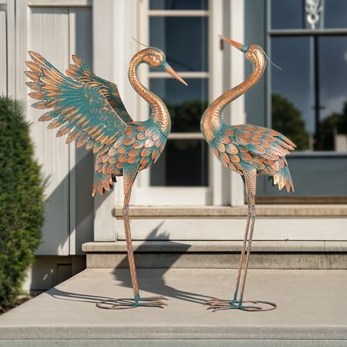 Extra-Large Metal Crane Statue, 36.8" Handcrafted Blue Heron Decor Sculptures with Stable U-Ground Stakes, Backyard Decoration, Metal Garden Bird Animal Yard Art, Lawn Ornament Decor - color: 36" -Weathered Copper Blue