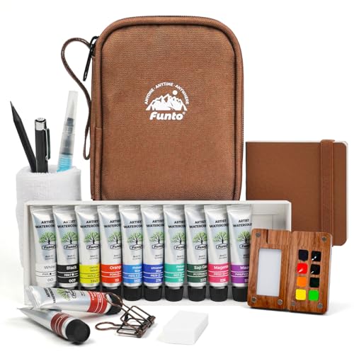 Funto Mini Watercolor Travel Set, 12-Color Refillable Travel Art Kit, All-in-One Mini Paint Supplies with Bag, Art Craft for All, Portable Water Color Paint for Beginners, lovers and Artists - color: 8-Wood