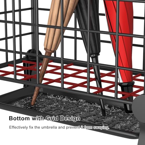 AWTATOS Umbrella Holder Entryway, Umbrella Stand Freestanding, Metal Square Umbrella Rack Organizer with a Removable Drip Tray, Hooks, Black - color: Black
