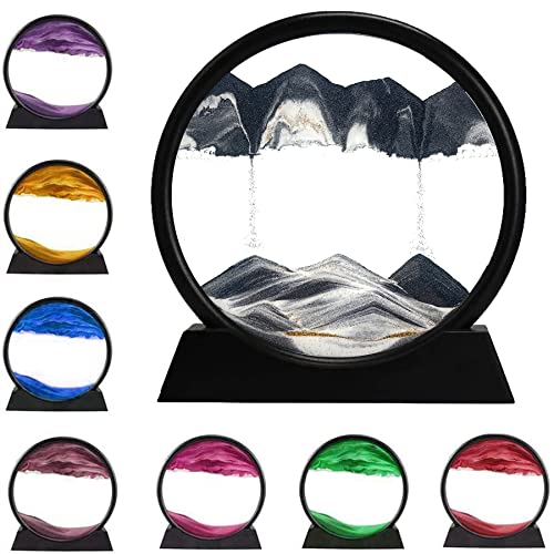 rysnwsu 3D Dynamic Sand Art Liquid Motion, Moving Sand Art Picture Round Glass 3D Deep Sea Sandscape in Motion Display Flowing Sand Painting Relaxing Desk Toys (Black, 7'') - color: Black, size: 7''