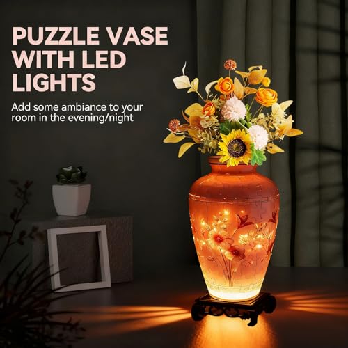 3D Puzzles Vase for Adults, Crafts for Adults, 120 Pieces Plastic DIY Unique Flower Vase with LED Light House Warming Gift Birthday Gifts for Flower Arrangements and Home Decor (Pink) - color: Pink 3