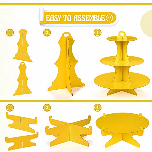 Zopeal 7 Pcs Dessert Table Display Set 3-Tier Cupcake Stand 1-Tier Cup Cake Display Tower Platters and Serving Trays Cardboard Cake Cookie Holders for Wedding Birthday Party Baby Shower(Yellow) - color: Yellow