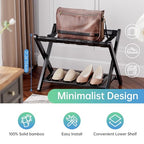 SMIBUY Luggage Rack, Foldable Bamboo Suitcase Stand with Storage Shelf for Guest Room, Bedroom, Hotel, Heavy-Duty, 1 Pack (Black) - color: Black