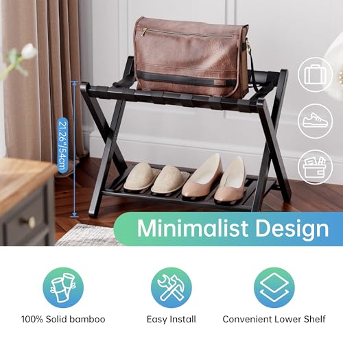 SMIBUY Luggage Rack, Foldable Bamboo Suitcase Stand with Storage Shelf for Guest Room, Bedroom, Hotel, Heavy-Duty, 1 Pack (Black) - color: Black