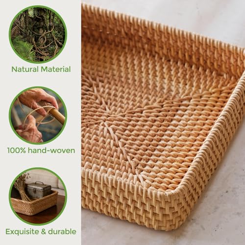 Wicker Storage Tray, Rattan Basket Rectangular for Bathroom Living Room, Decorative Serving Woven Trays Wicker Baskets for Organizing Home Decor XL(17.7" × 13.4") - style: XL (17.7" × 13.4")