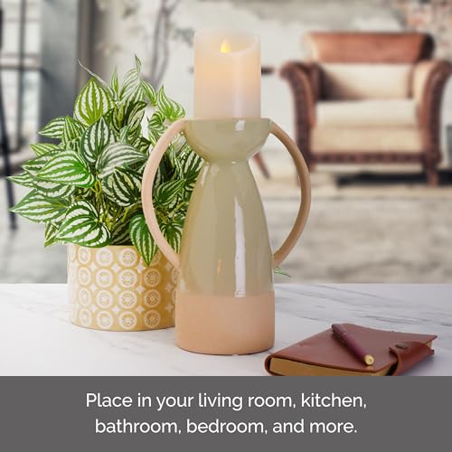 Elements Ceramic Pillar Candle Holder, for Use with Real Wax or Flameless Candles, 7.44x4.41x10 Inch, Green - size: 7.44" L x 4.41" W x 10" H