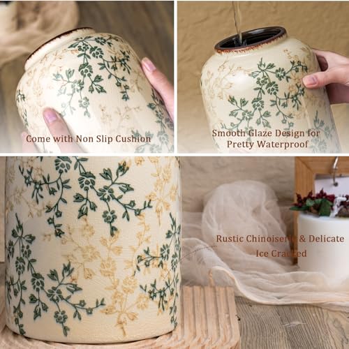 Green Chinoiserie Floral Vase, Ceramic Farmhouse Flower Vase, Creative Ice Cracked Vintage Vases for Home Decors, Cottage, Dining Coffee Table Centerpiece, Bookshelf, Tuscan Decor,8.3 Inch - color: Green and Beige02