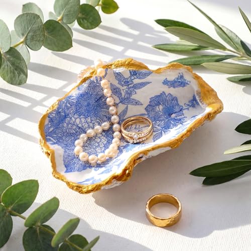 Natural Oyster Ring Trinket Dish Vintage Jewelry Tray for Keys Small Jewelry Holder for Bridal Shower Favors Friends Sisters Daughter Mother Gift Seaside Style Decor(Blue Floral) - style: Blue Floral