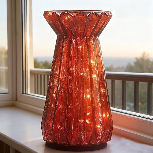 Home Decor, Mercury Glass Pillar Candle Pedestal Holders with 10 Led Lights, Lighted up Candle Holders for Pillar Candle, Glass Candlestick Holders with Timer for Wedding Home Dining Table Xmas (Red) - color: Red